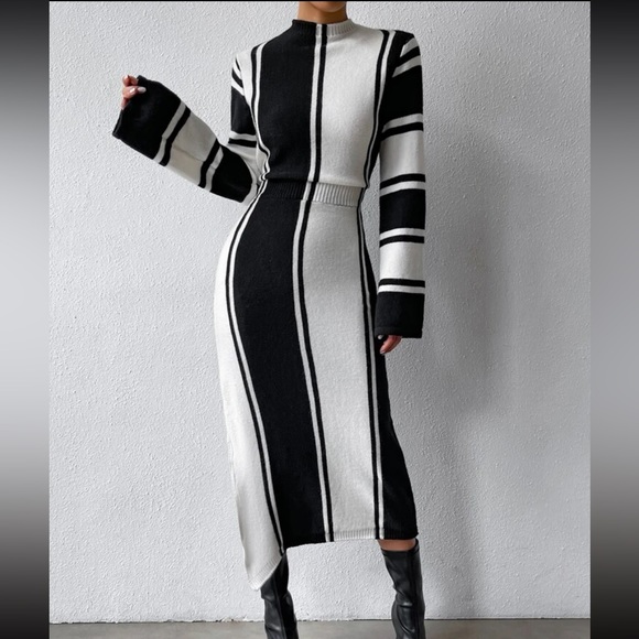 Cozy Striped Pattern Slit Hem Sweater Dress - Picture 5 of 6